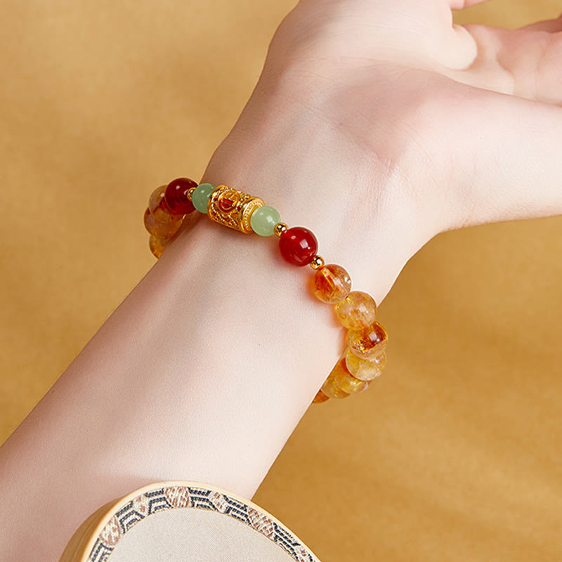 999 Sterling Silver Hetian Jade & Red Agate Beaded Natural Citrine Bracelet