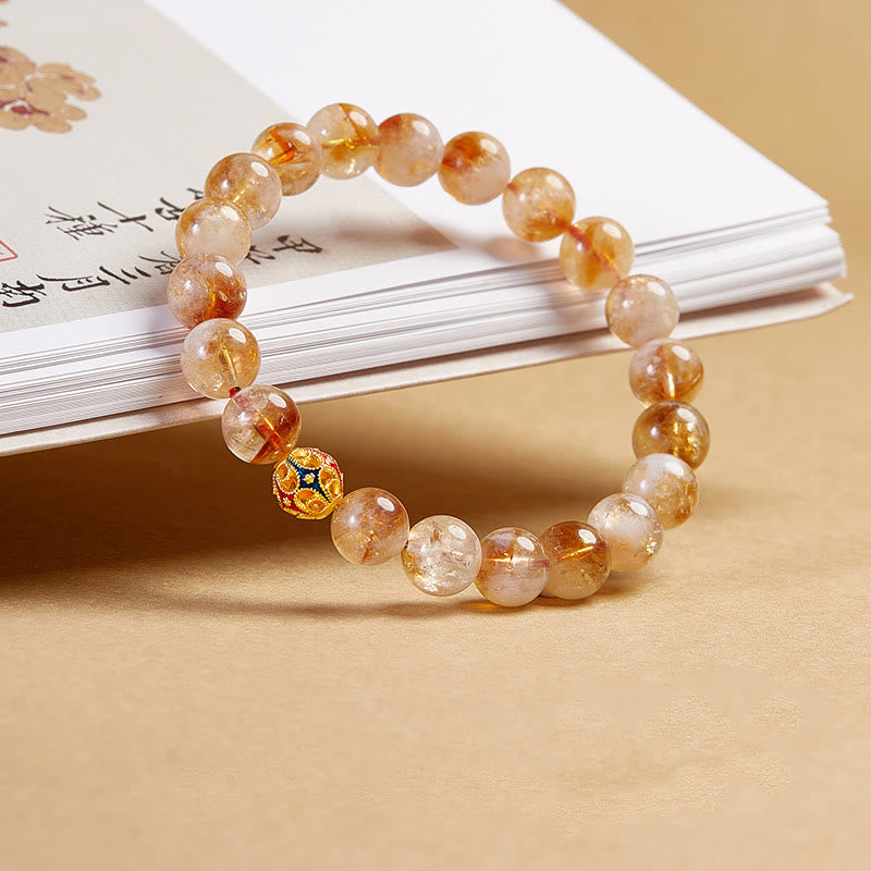 Natural Citrine & 999 Fine Silver Floral Ball Beaded Bracelet