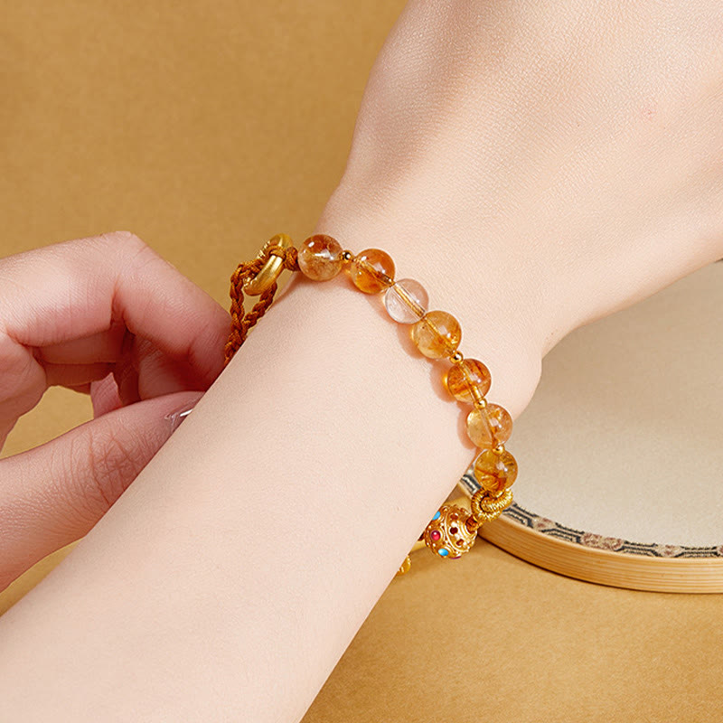 925 Sterling Silver Natural Citrine & Clear Quartz Ping An Kou Fu Braided Bracelet