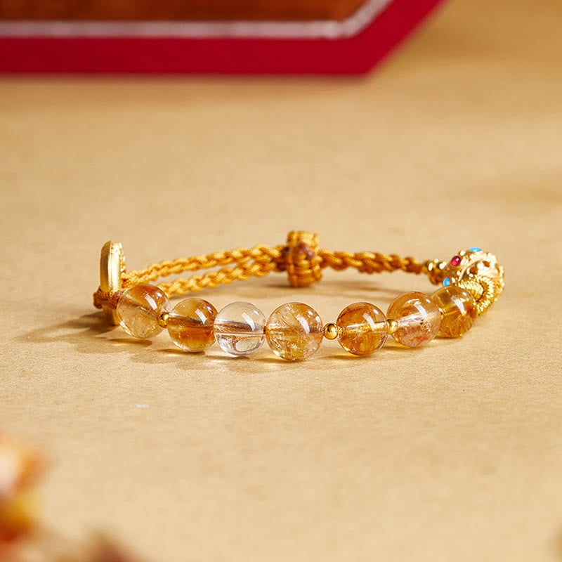 925 Sterling Silver Natural Citrine & Clear Quartz Ping An Kou Fu Braided Bracelet