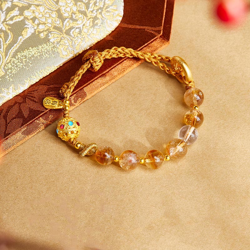 925 Sterling Silver Natural Citrine & Clear Quartz Ping An Kou Fu Braided Bracelet