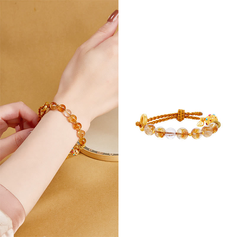 925 Sterling Silver Natural Citrine & Clear Quartz Ping An Kou Fu Braided Bracelet