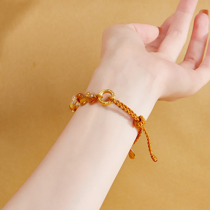 925 Sterling Silver Natural Citrine & Clear Quartz Ping An Kou Fu Braided Bracelet