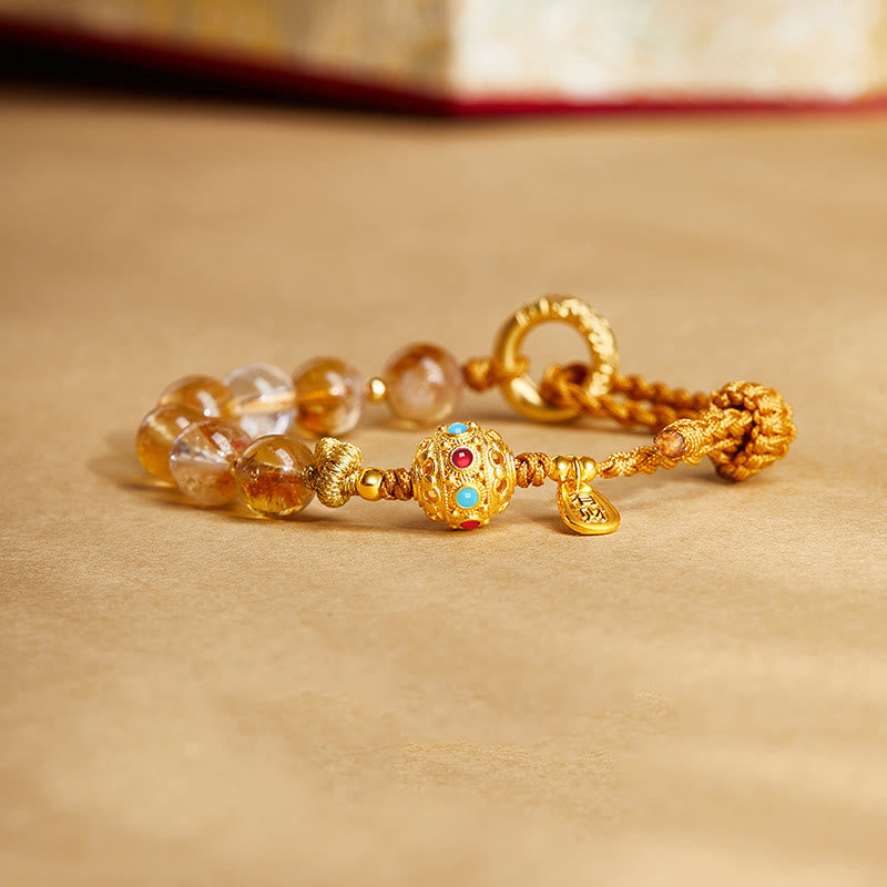 925 Sterling Silver Natural Citrine & Clear Quartz Ping An Kou Fu Braided Bracelet