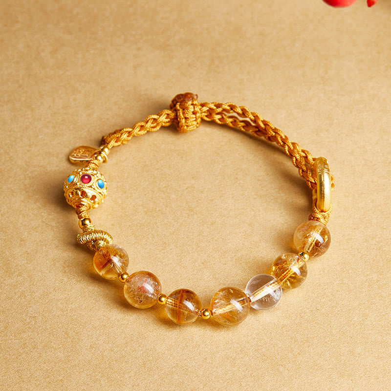 925 Sterling Silver Natural Citrine & Clear Quartz Ping An Kou Fu Braided Bracelet