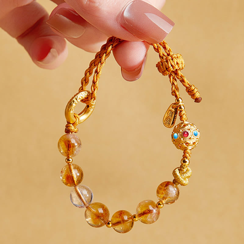925 Sterling Silver Natural Citrine & Clear Quartz Ping An Kou Fu Braided Bracelet