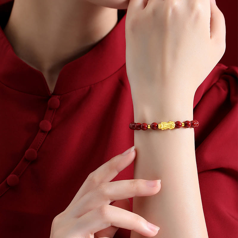 999 Gold 5D Hard Gold Cinnabar PiXiu Calm Bracelet