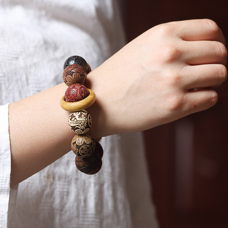 Hand-Carved Sandalwood Bracelet with Dragon Phoenix & Fu Character Motifs