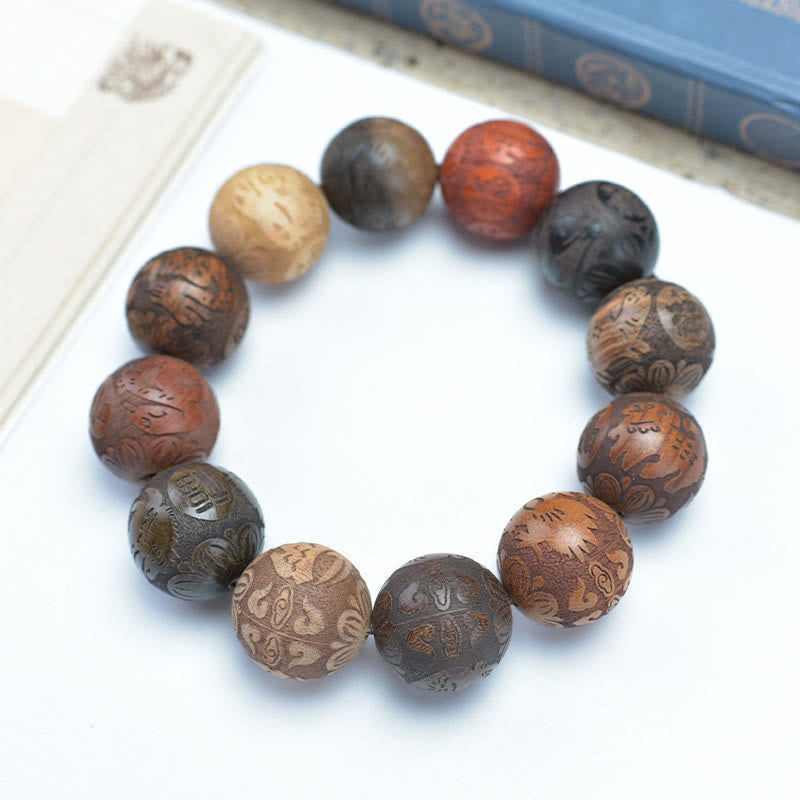 Hand-Carved Sandalwood Bracelet with Dragon Phoenix & Fu Character Motifs