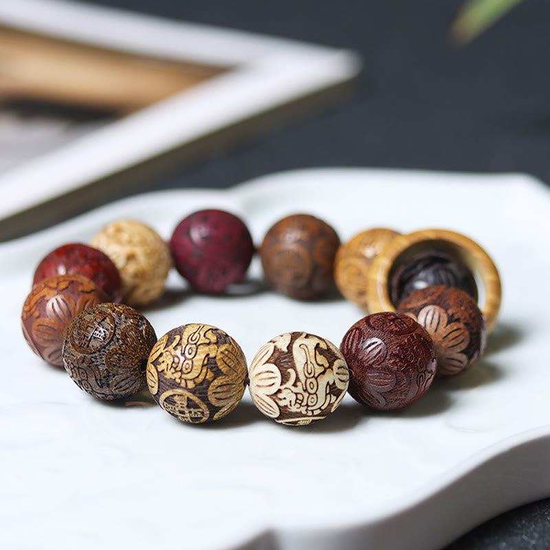 Hand-Carved Sandalwood Bracelet with Dragon Phoenix & Fu Character Motifs