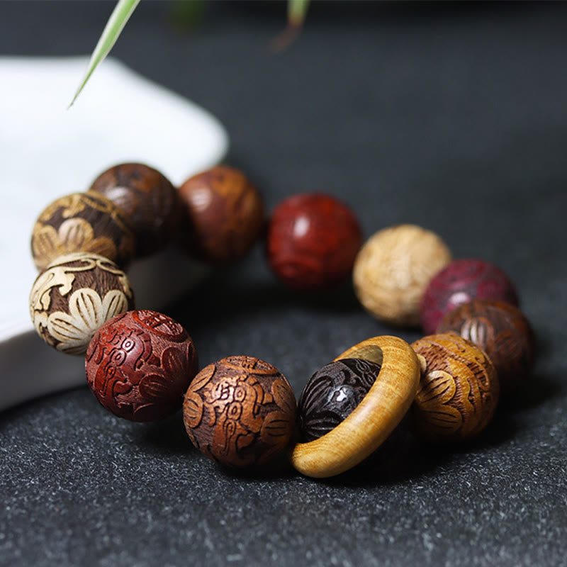 Hand-Carved Sandalwood Bracelet with Dragon Phoenix & Fu Character Motifs