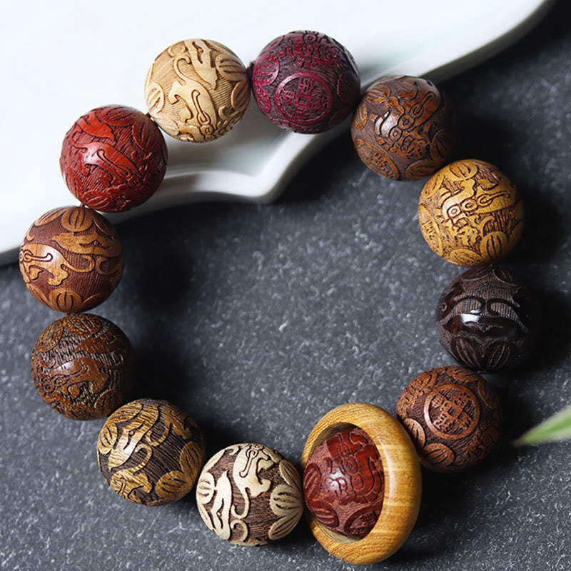 Hand-Carved Sandalwood Bracelet with Dragon Phoenix & Fu Character Motifs