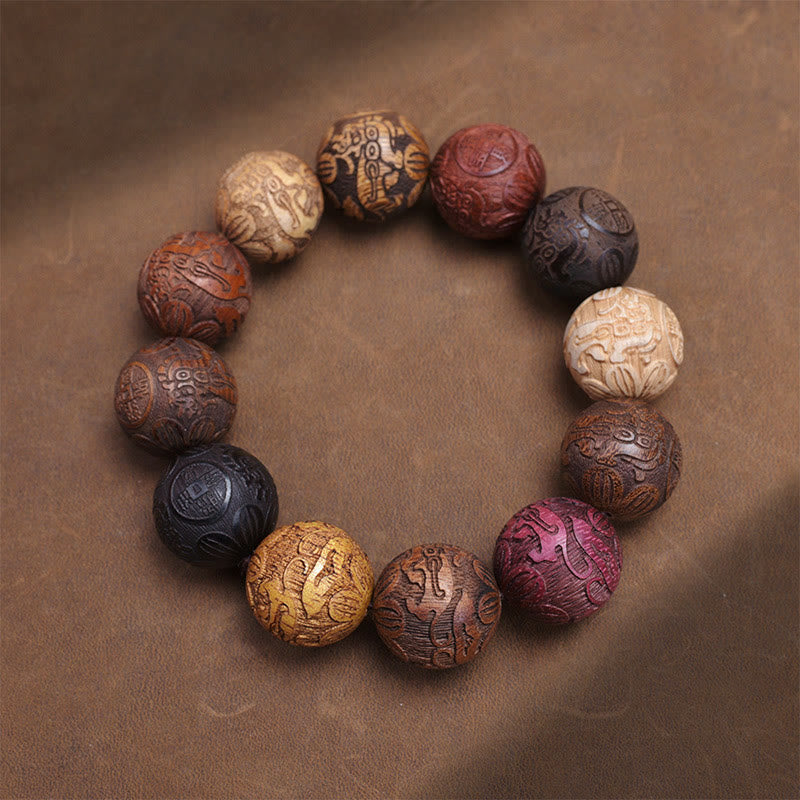Hand-Carved Sandalwood Bracelet with Dragon Phoenix & Fu Character Motifs