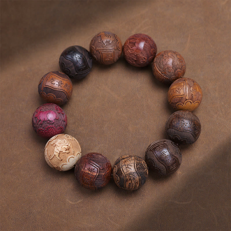 Hand-Carved Sandalwood Bracelet with Dragon Phoenix & Fu Character Motifs