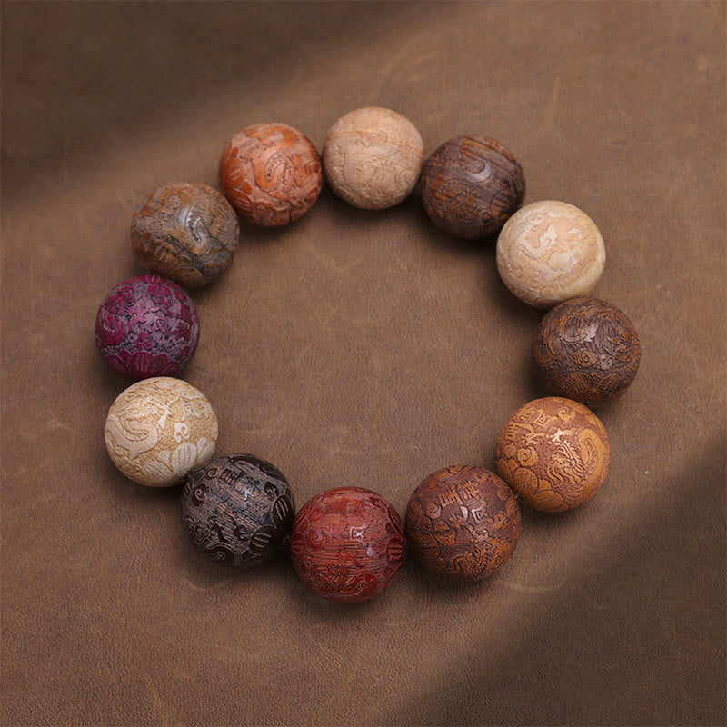 Hand-Carved Sandalwood Bracelet with Dragon Phoenix & Fu Character Motifs