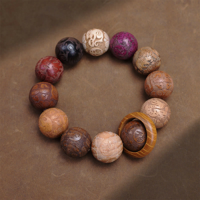 Hand-Carved Sandalwood Bracelet with Dragon Phoenix & Fu Character Motifs