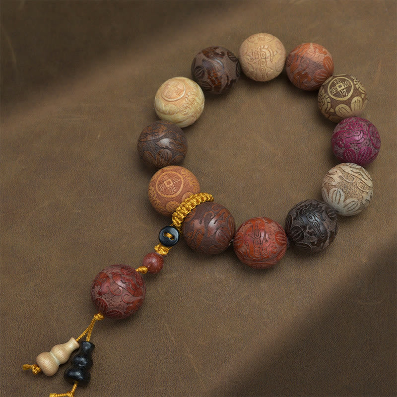 Hand-Carved Sandalwood Bracelet with Dragon Phoenix & Fu Character Motifs