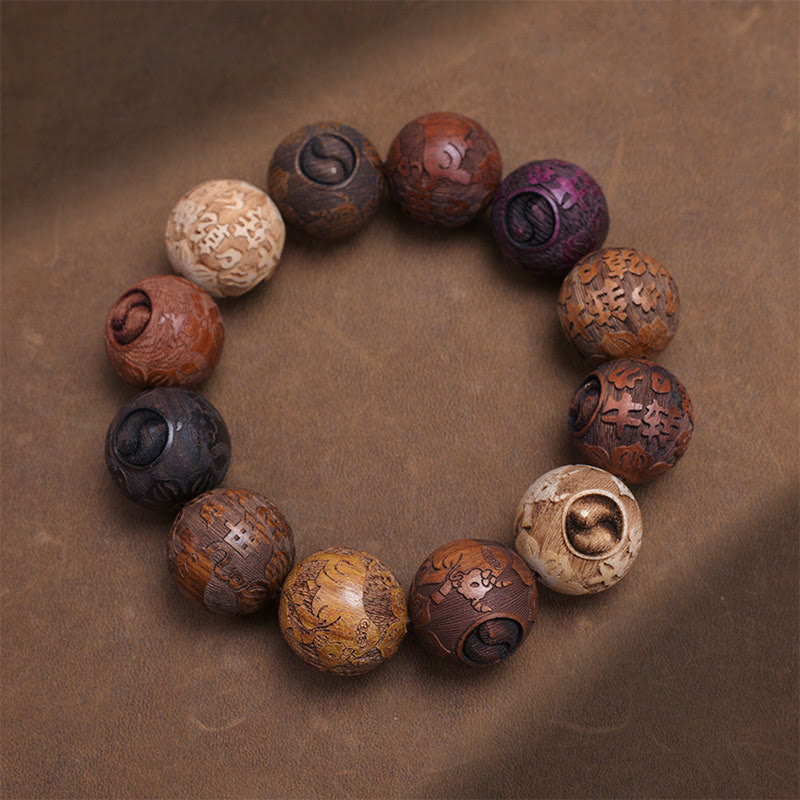 Hand-Carved Sandalwood Bracelet with Dragon Phoenix & Fu Character Motifs