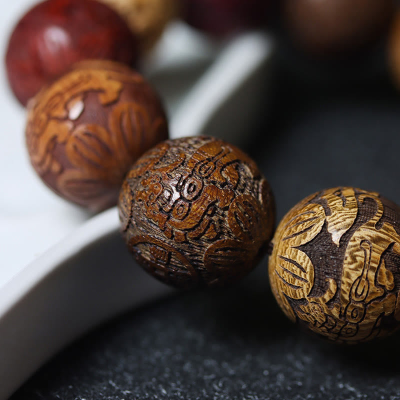 Hand-Carved Sandalwood Bracelet with Dragon Phoenix & Fu Character Motifs