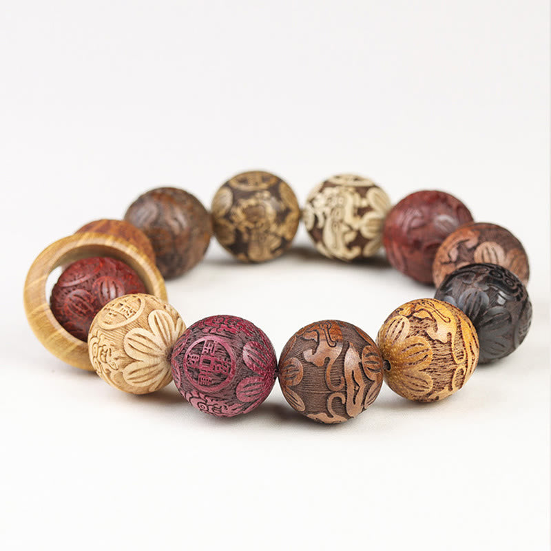 Hand-Carved Sandalwood Bracelet with Dragon Phoenix & Fu Character Motifs