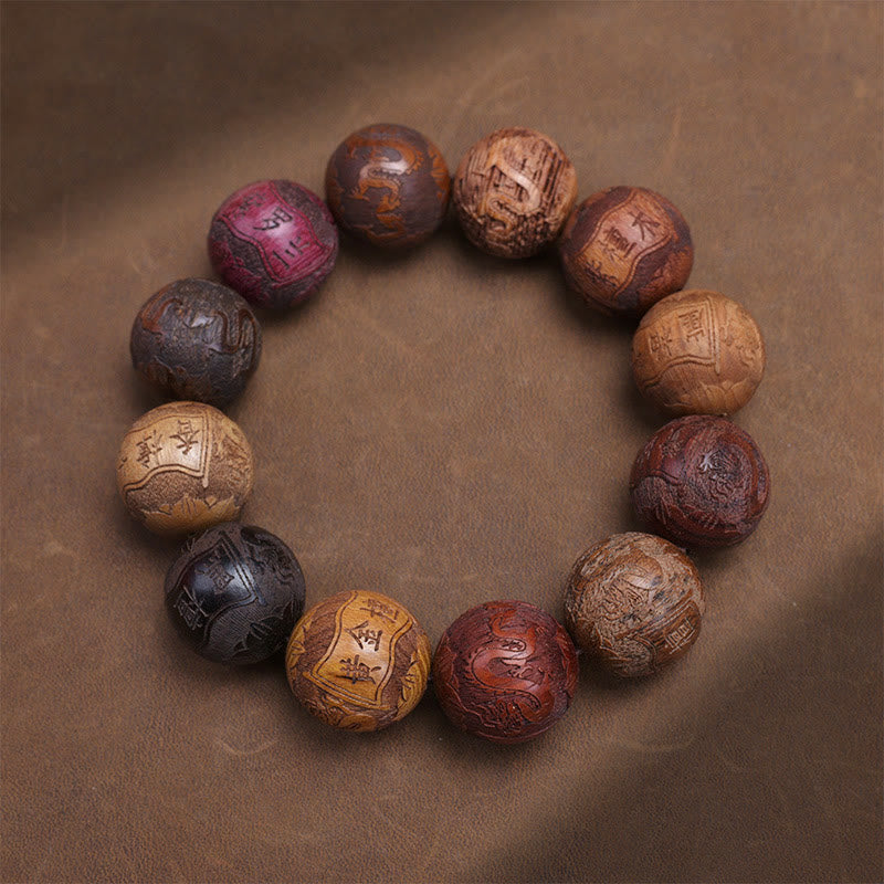 Hand-Carved Sandalwood Bracelet with Dragon Phoenix & Fu Character Motifs