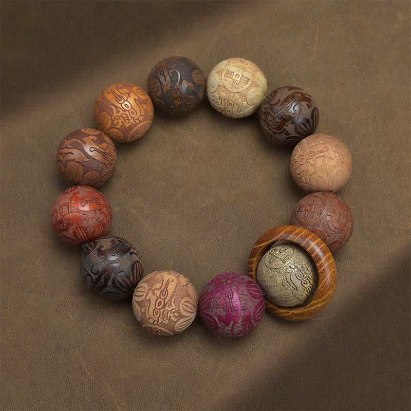 Hand-Carved Sandalwood Bracelet with Dragon Phoenix & Fu Character Motifs
