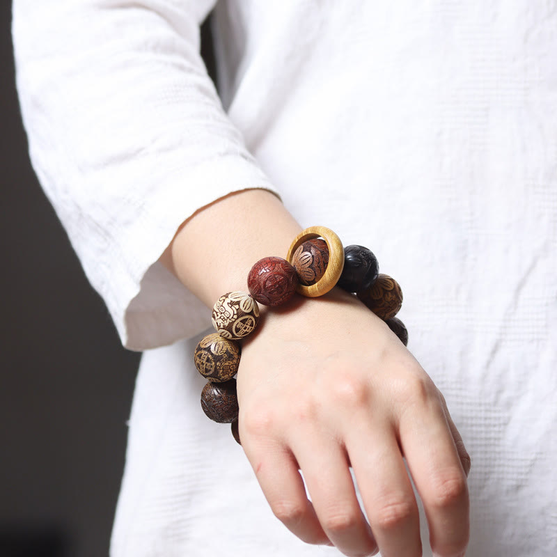 Hand-Carved Sandalwood Bracelet with Dragon Phoenix & Fu Character Motifs