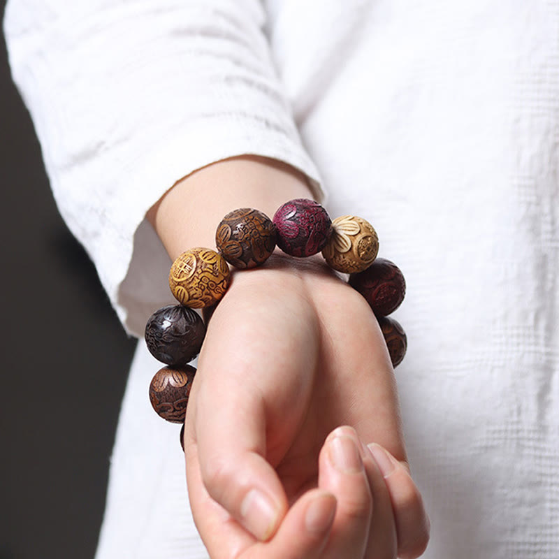 Hand-Carved Sandalwood Bracelet with Dragon Phoenix & Fu Character Motifs