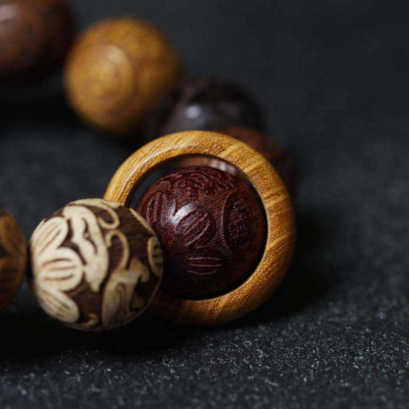 Hand-Carved Sandalwood Bracelet with Dragon Phoenix & Fu Character Motifs