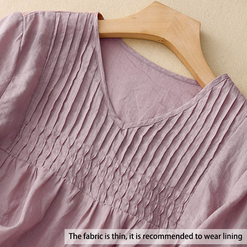 Casual Plain Loose Women's V-Neck Design Half Sleeve Cotton Shirt