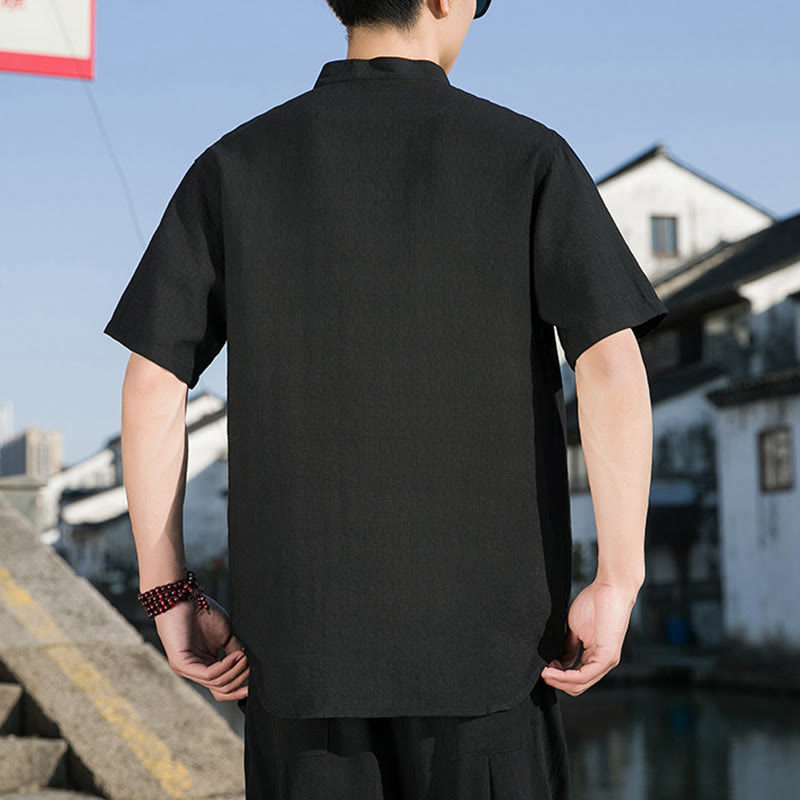 Summer Solid Color Front Button Design Men's Half Sleeve Cotton Shirt