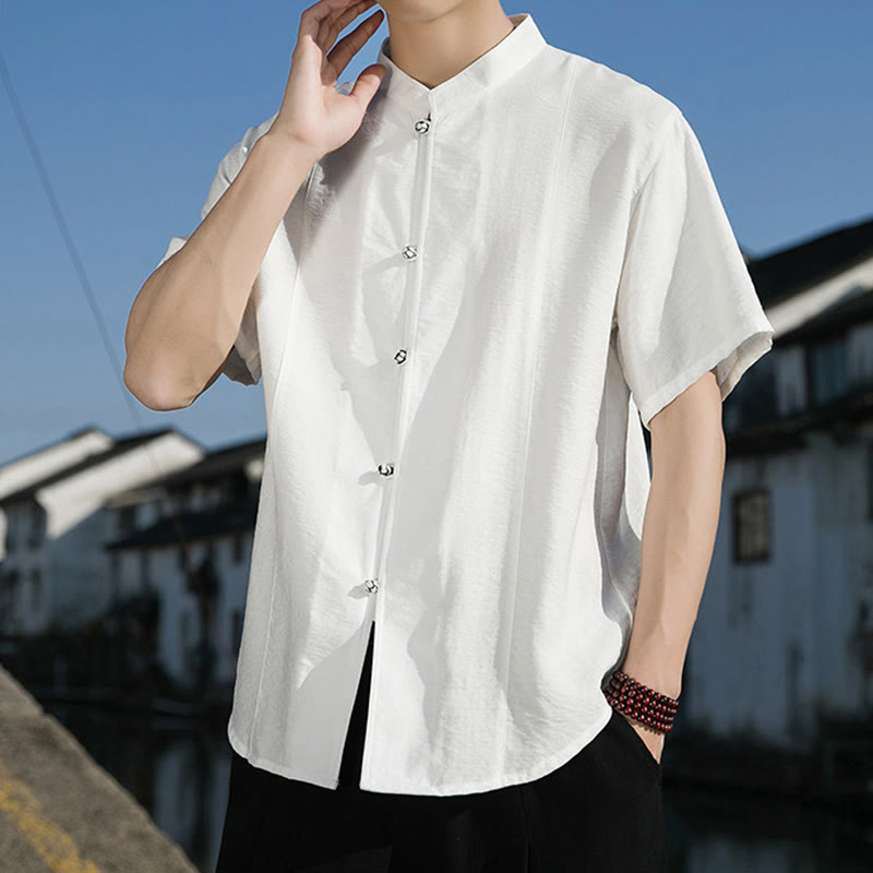 Summer Solid Color Front Button Design Men's Half Sleeve Cotton Shirt