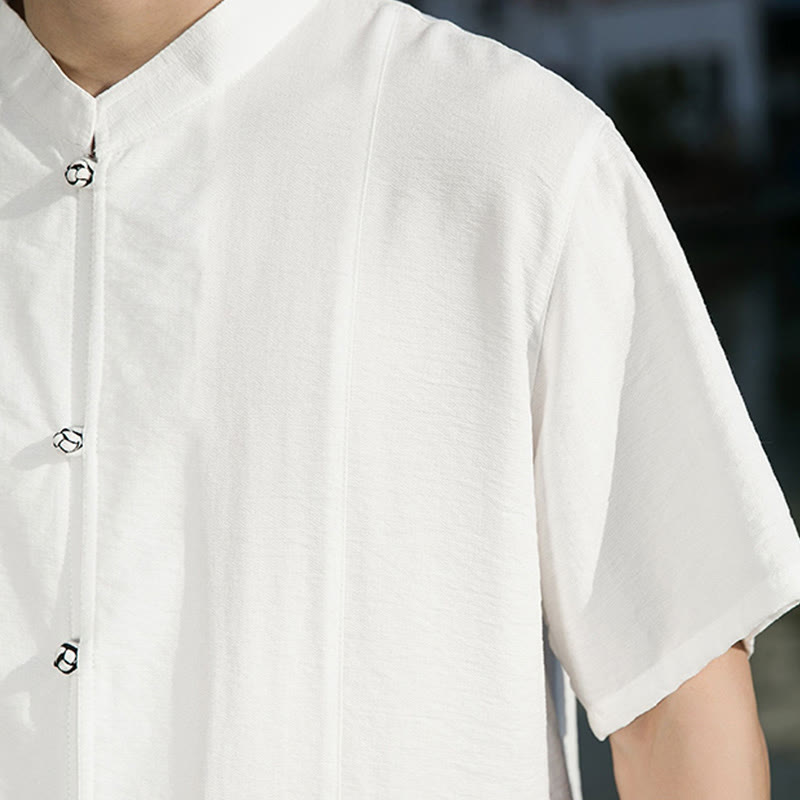 Summer Solid Color Front Button Design Men's Half Sleeve Cotton Shirt
