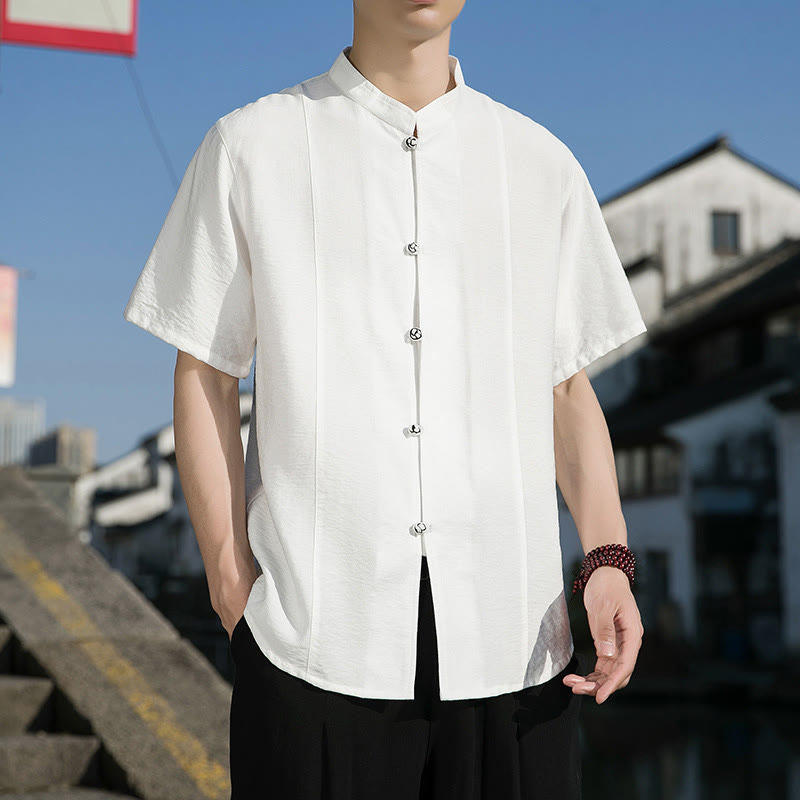 Summer Solid Color Front Button Design Men's Half Sleeve Cotton Shirt