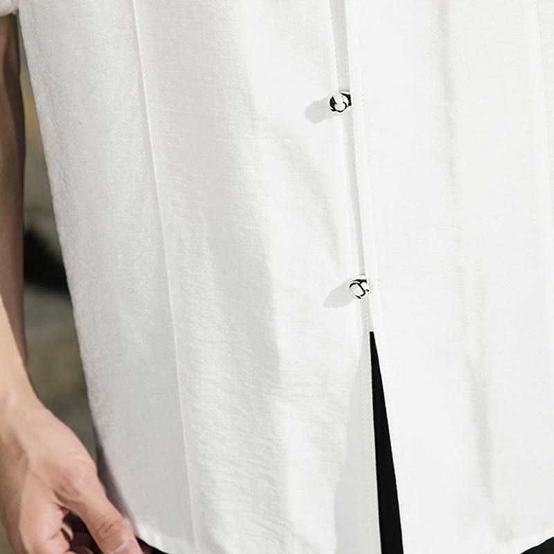 Summer Solid Color Front Button Design Men's Half Sleeve Cotton Shirt