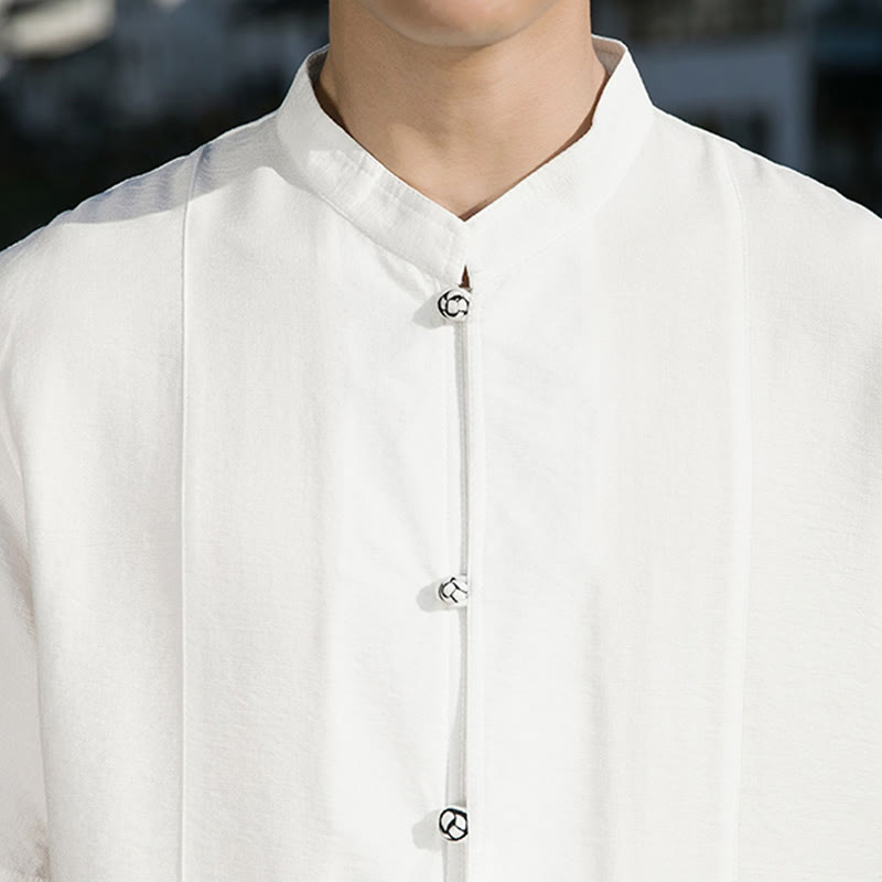 Summer Solid Color Front Button Design Men's Half Sleeve Cotton Shirt