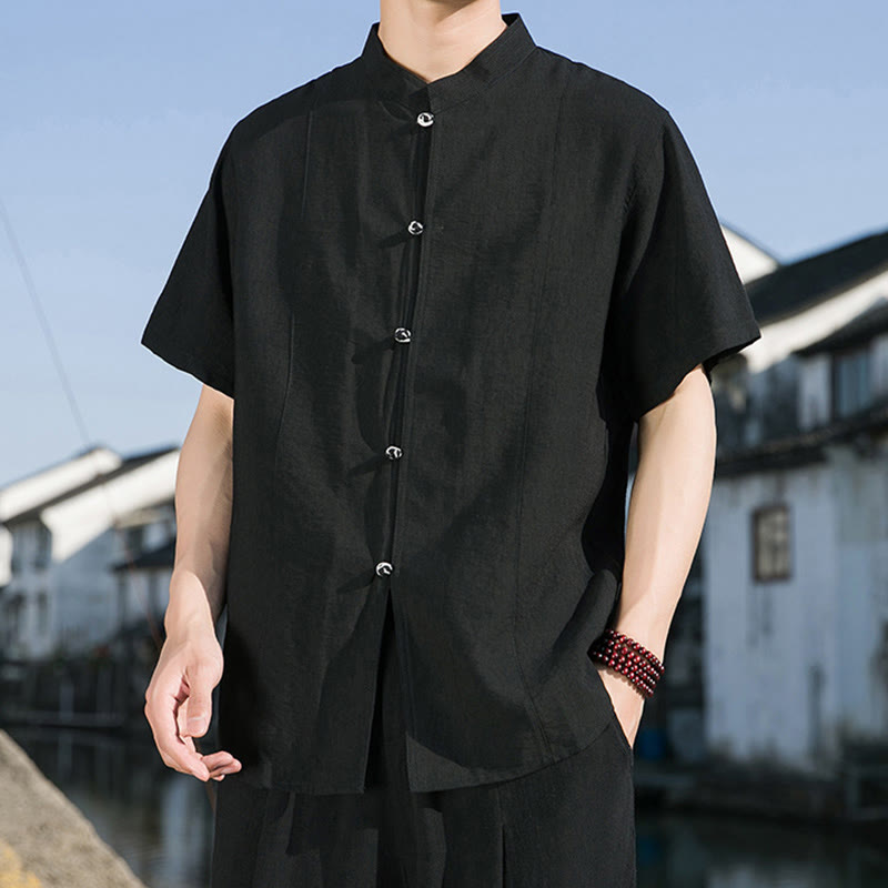 Summer Solid Color Front Button Design Men's Half Sleeve Cotton Shirt