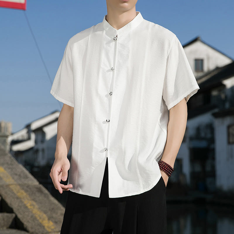 Summer Solid Color Front Button Design Men's Half Sleeve Cotton Shirt