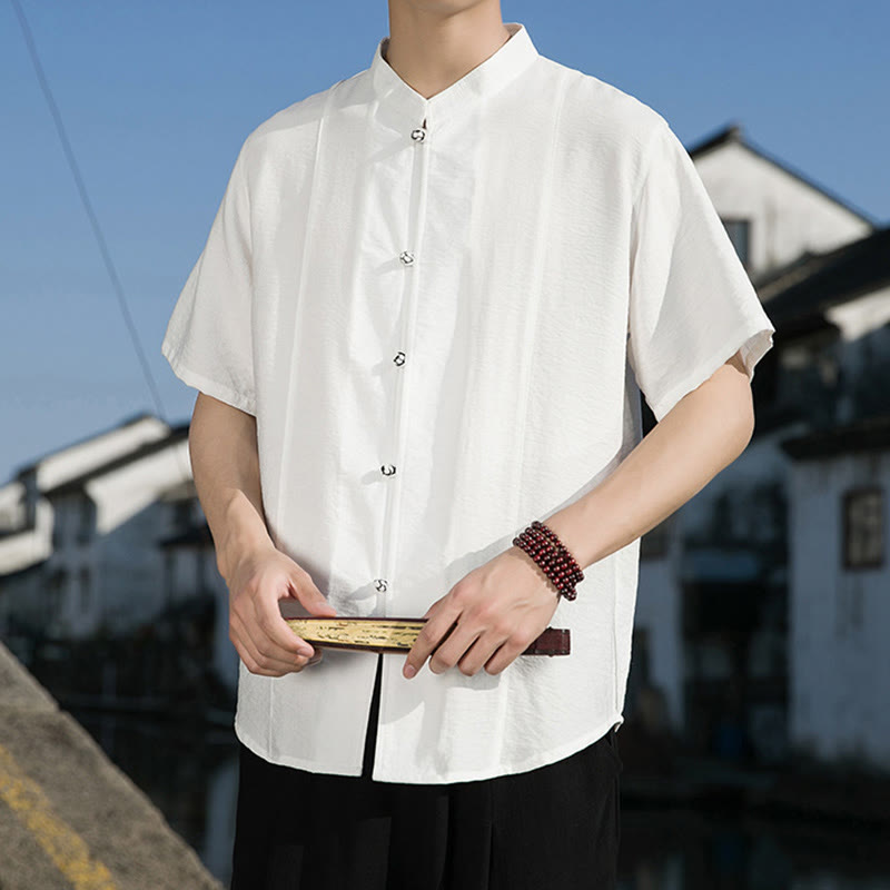 Summer Solid Color Front Button Design Men's Half Sleeve Cotton Shirt
