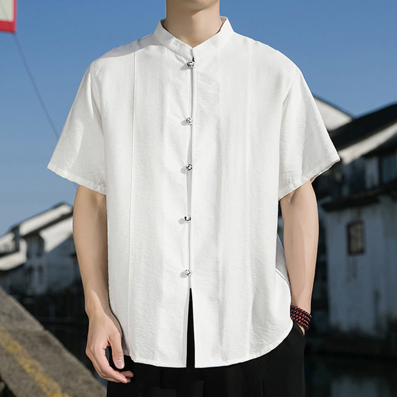 Summer Solid Color Front Button Design Men's Half Sleeve Cotton Shirt