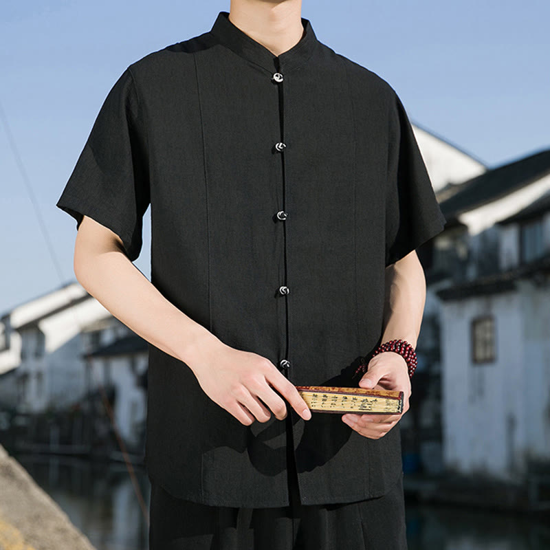 Summer Solid Color Front Button Design Men's Half Sleeve Cotton Shirt