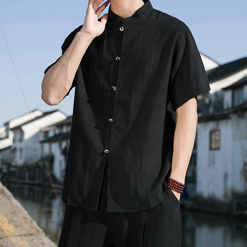 Summer Solid Color Front Button Design Men's Half Sleeve Cotton Shirt