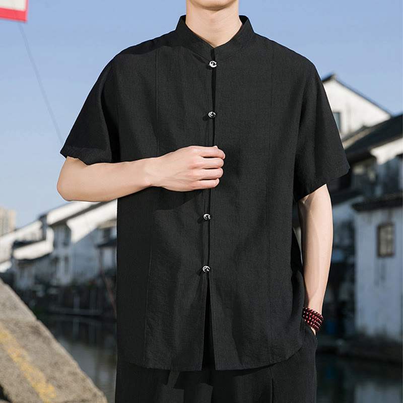 Summer Solid Color Front Button Design Men's Half Sleeve Cotton Shirt