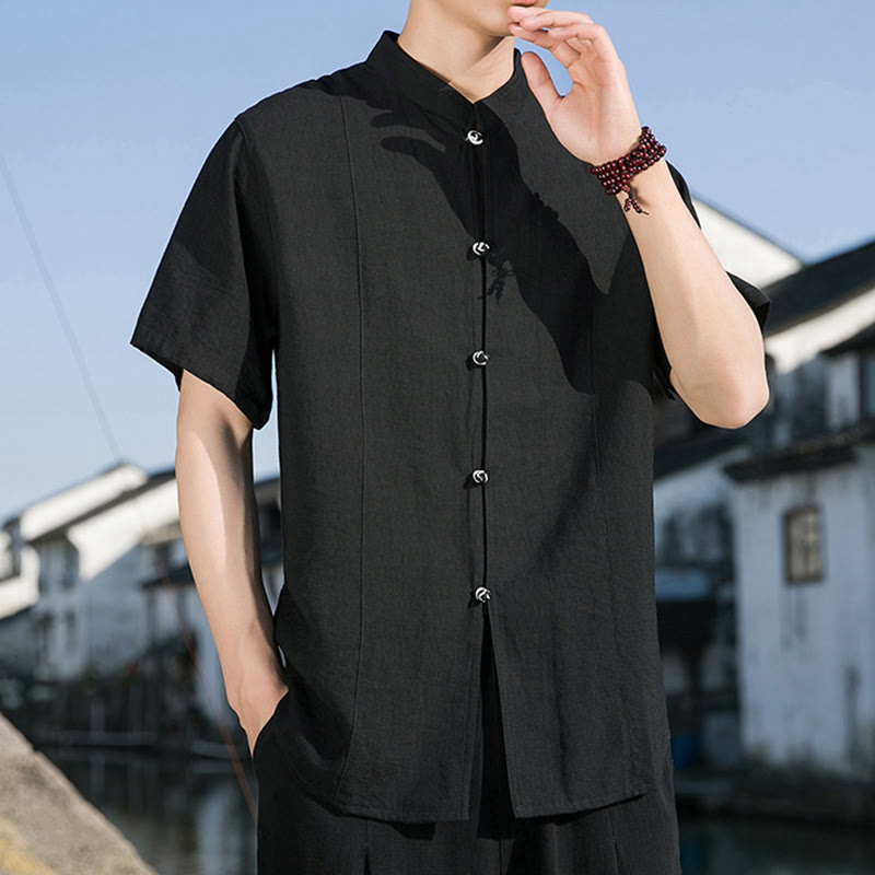 Summer Solid Color Front Button Design Men's Half Sleeve Cotton Shirt