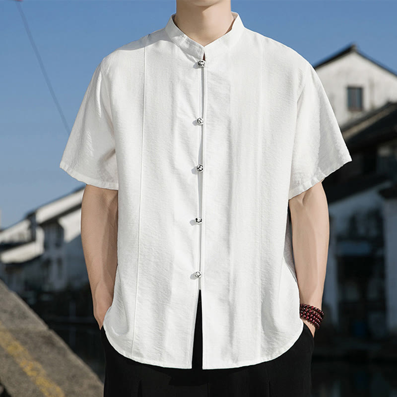 Summer Solid Color Front Button Design Men's Half Sleeve Cotton Shirt