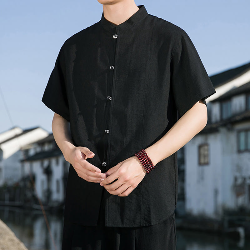 Summer Solid Color Front Button Design Men's Half Sleeve Cotton Shirt