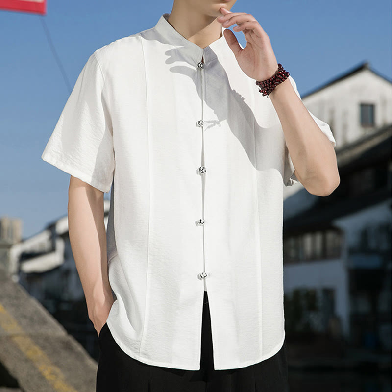 Summer Solid Color Front Button Design Men's Half Sleeve Cotton Shirt