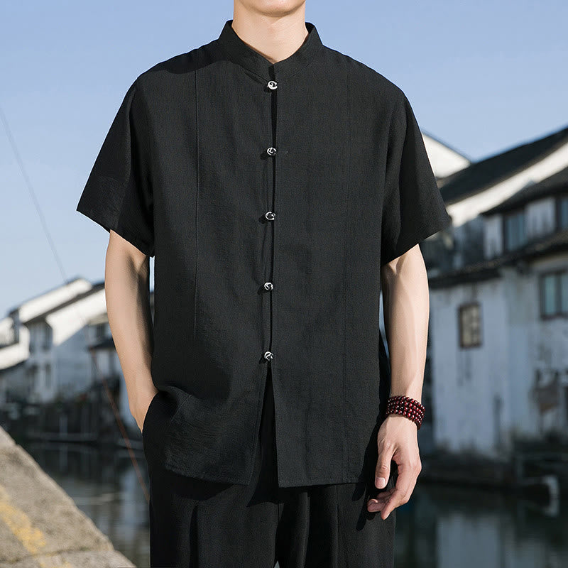 Summer Solid Color Front Button Design Men's Half Sleeve Cotton Shirt
