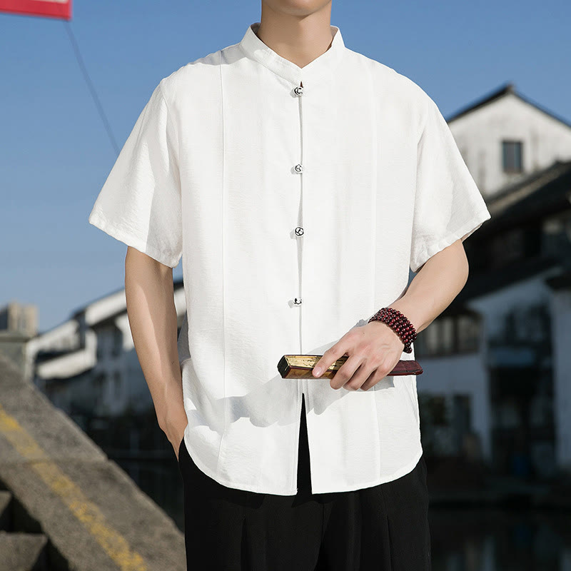 Summer Solid Color Front Button Design Men's Half Sleeve Cotton Shirt