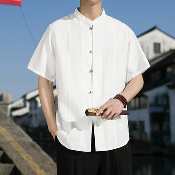 Summer Solid Color Front Button Design Men's Half Sleeve Cotton Shirt